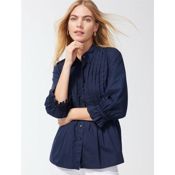 Chico's Poplin Pintuck Shirt Classic Navy Blue Button Up - Picture 1 of 10
